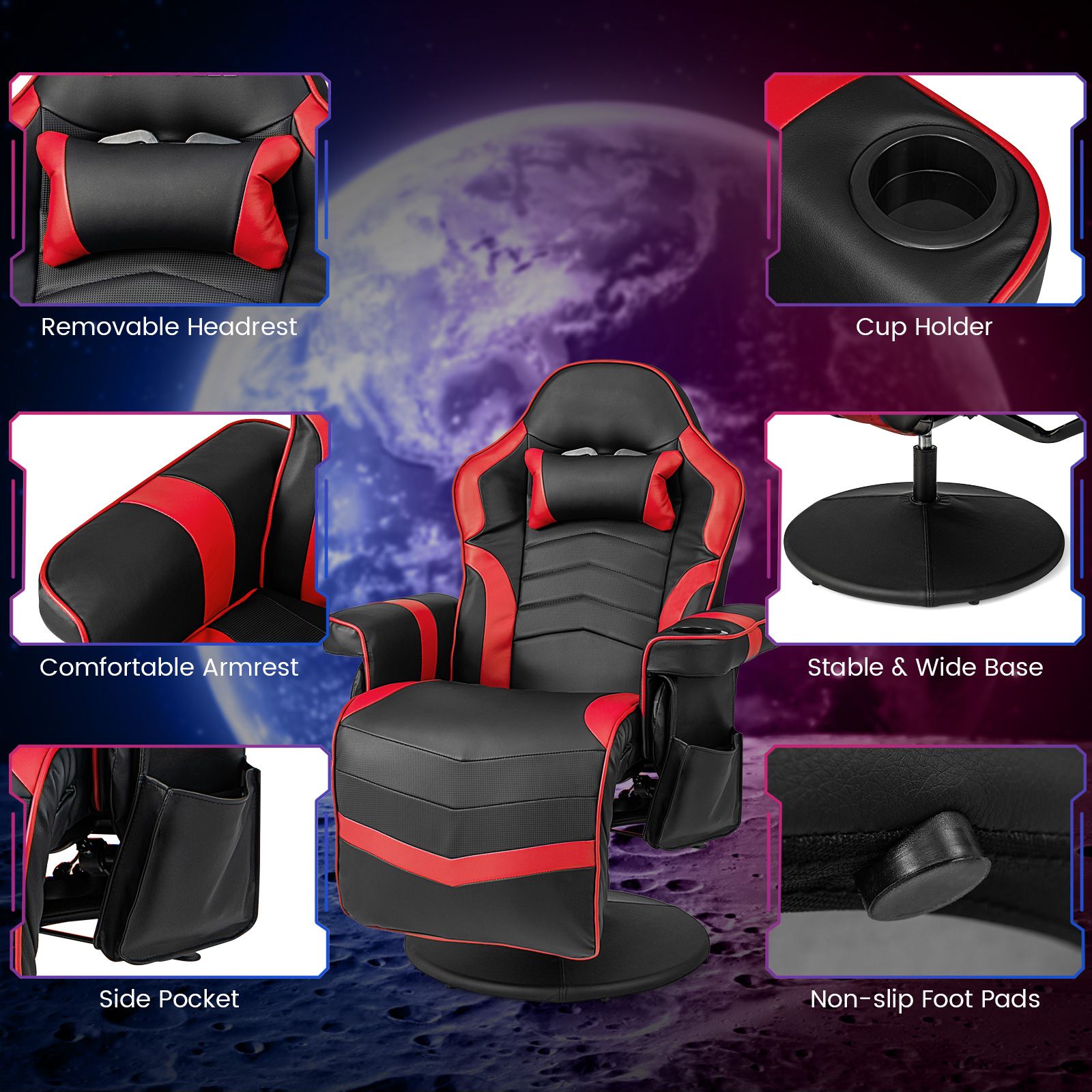 Electric Massage Gaming Chair with Cup Holder and Side Pouch Red